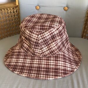 NWOT Sonoma brown/cream plaid bucket hat sun summer vacation pool beach fashion